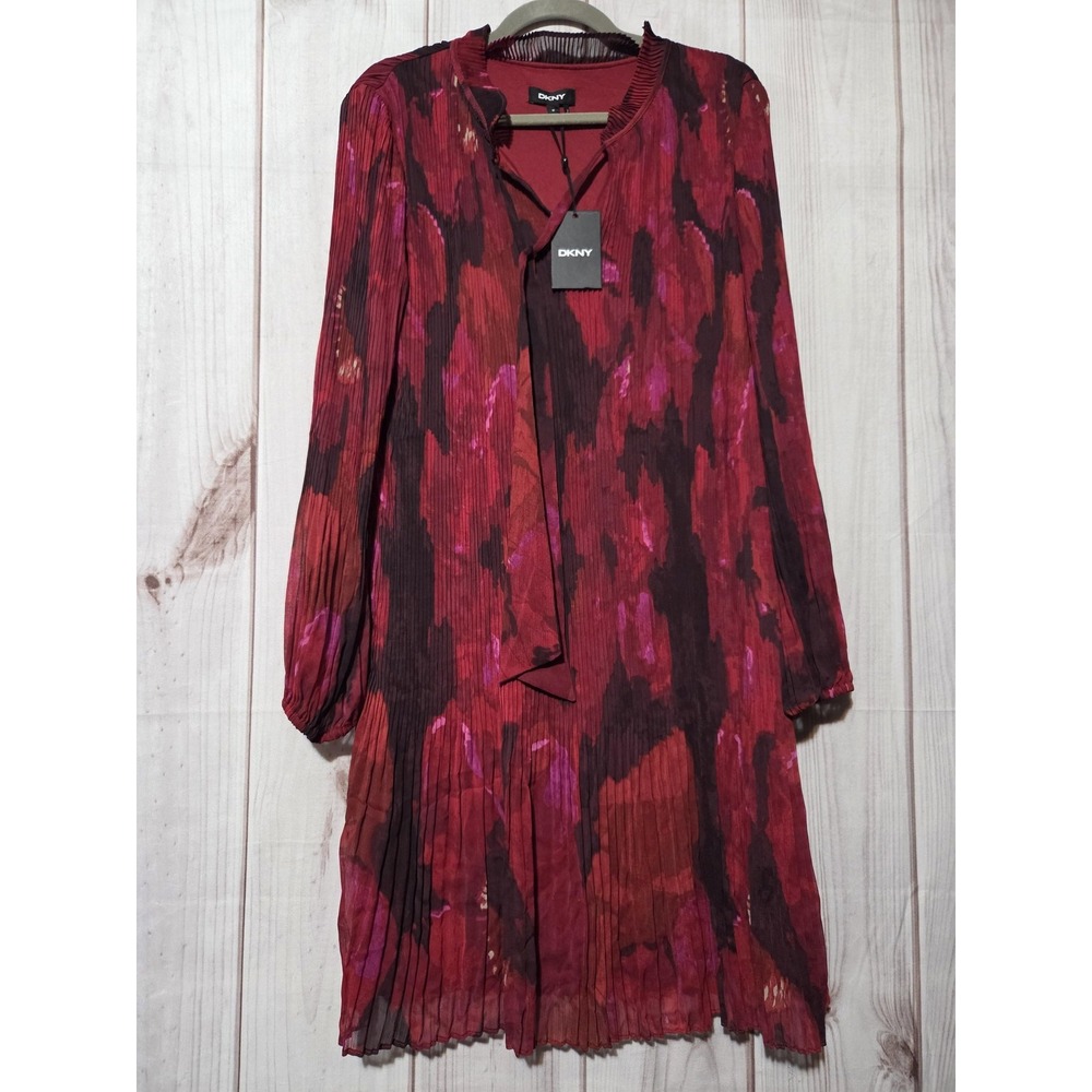 DKNY Dress Womens 16 Red Floral Pleated Chiffon Long Sleeve Shift V Neck